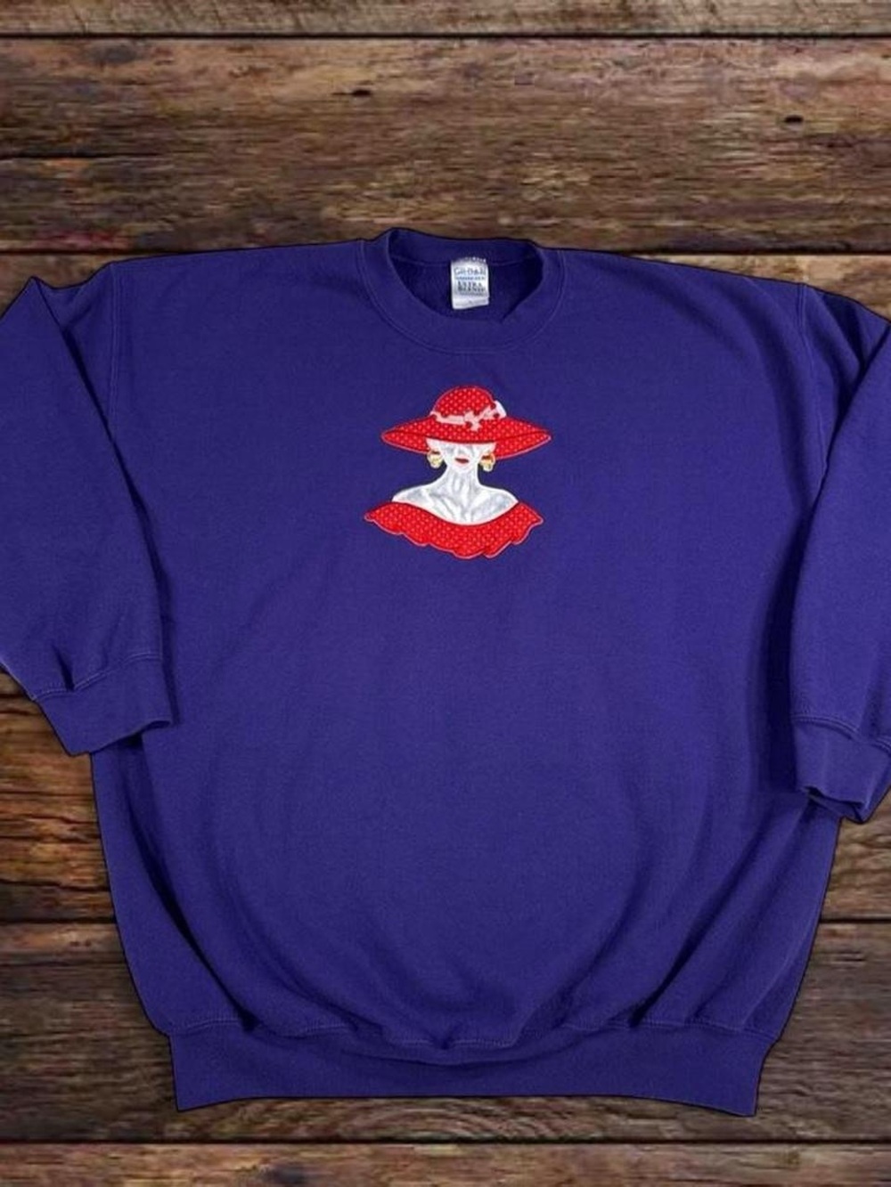 Gildan Purple Sweatshirt with Red Hat Lady Embroidery